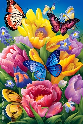 a painting of a bunch of flowers and butterflies, an airbrush painting, by Lisa Frank, naive art, daffodils, as photograph, card template, allegory of metamorphosis, volegov, upbeat, crossbreed, mual