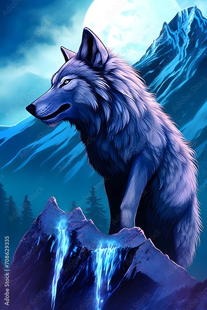 a painting of a wolf standing on top of a mountain, a detailed drawing