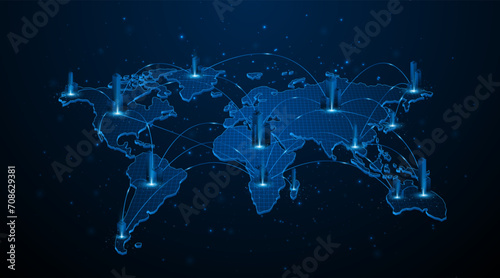 Global connection network background. World map. High-speed internet technology concept. Continental or country level communication
