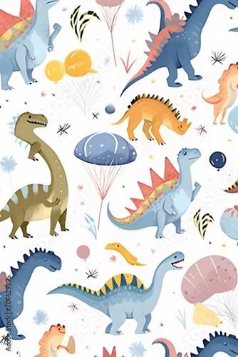 a pattern of dinosaurs and balloons on a white background, by Annabel Kidston, featured on dribble, trending on patreon, human babies, lois van rossdraws, cave background, official product image, ati