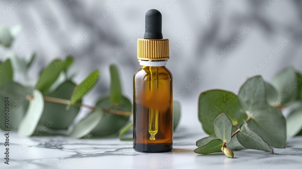 A dropper bottle of essential oil with eucalyptus leaves on a marble background