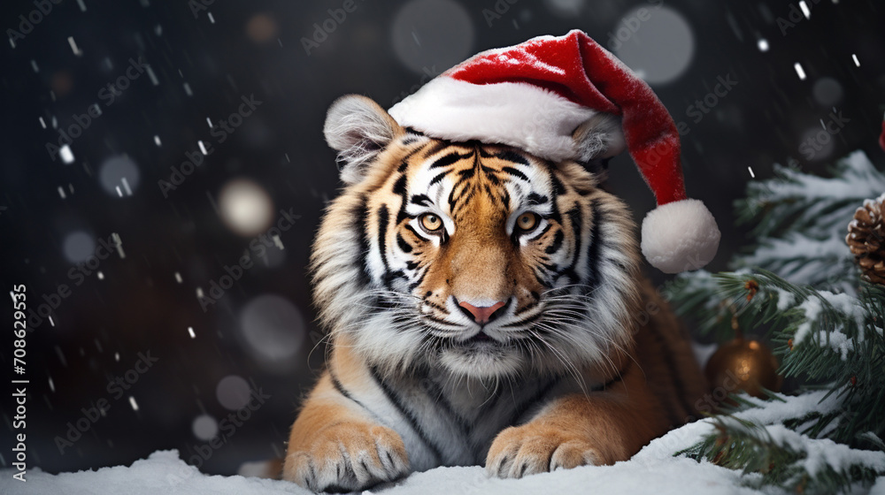 a tiger in a Santa Claus hat. year of the tiger concept