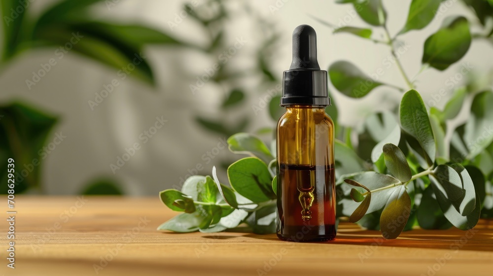 A dropper bottle of essential oil with eucalyptus leaves on a marble backgroun A dropper bottle of essential oil with eucalyptus leaves on a marble backgroun