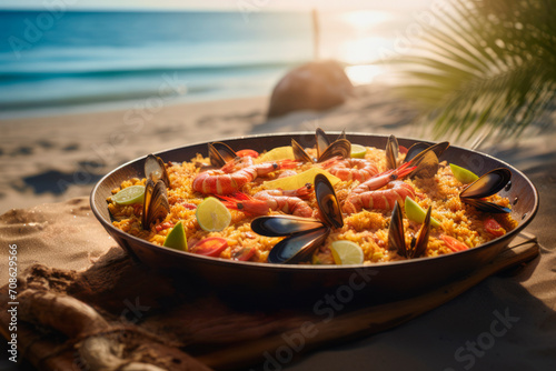 Coastal Cuisine Magic: Sunset Paella with Ocean View, selective focus
