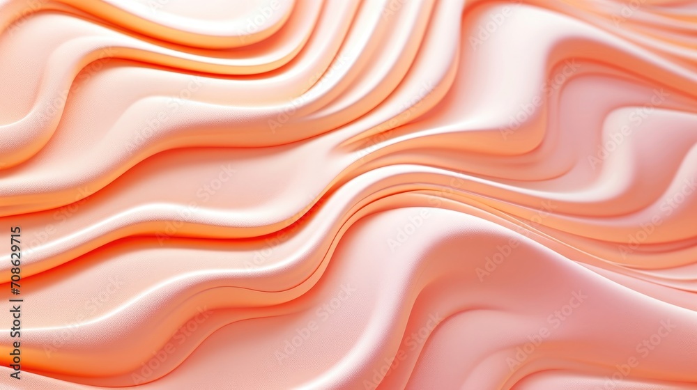 Fototapeta premium A close-up image of a luxurious peach-colored satin fabric with smooth, flowing waves and soft folds, capturing the light and shadows which create a dynamic texture.
