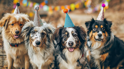 group of different types of dogs celebrating birthday and partying, having fun photo
