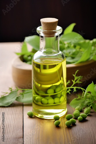 pea essential oil close-up on a wooden table