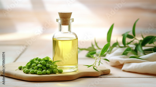 pea essential oil close-up on a wooden table