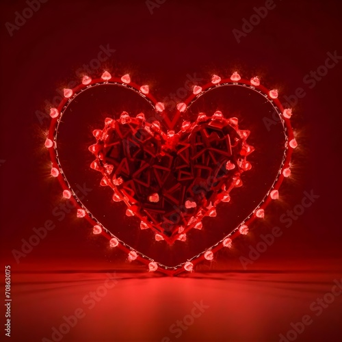 Happy Valentine s Day Poster with a heart symbol from LED String lights and valentine elements on a red background 