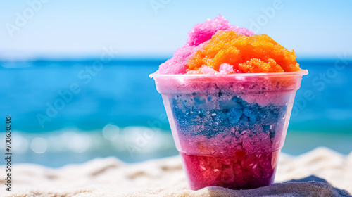 Chill vibes by the beach. Frozen ice adorned with colorful fruits in a cup, creating a refreshing and tropical summer sensation. photo