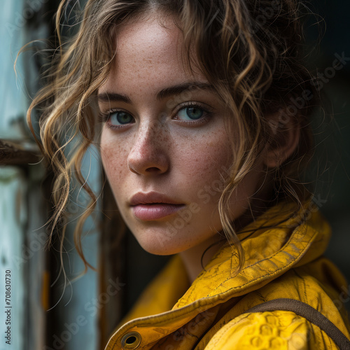 beautiful young girl with curly blonde hair and blue eyes, freckles photo