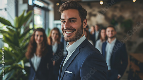 sexy young businessman smiling and taking a step forward in front of the team