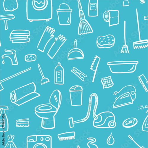 Vector seamless pattern from a collection of cleaning equipment, hand-drawn in a doodle style