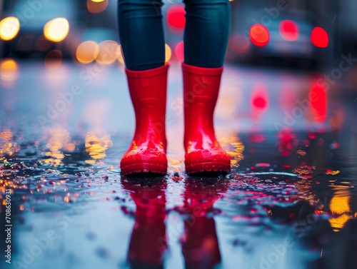 Red Rain Boots with blurry background AI Generative © MendyZa