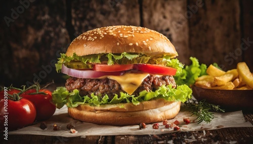 Product shot of a juicy, artisan, rustic burger, food photography, delicious, close-up
