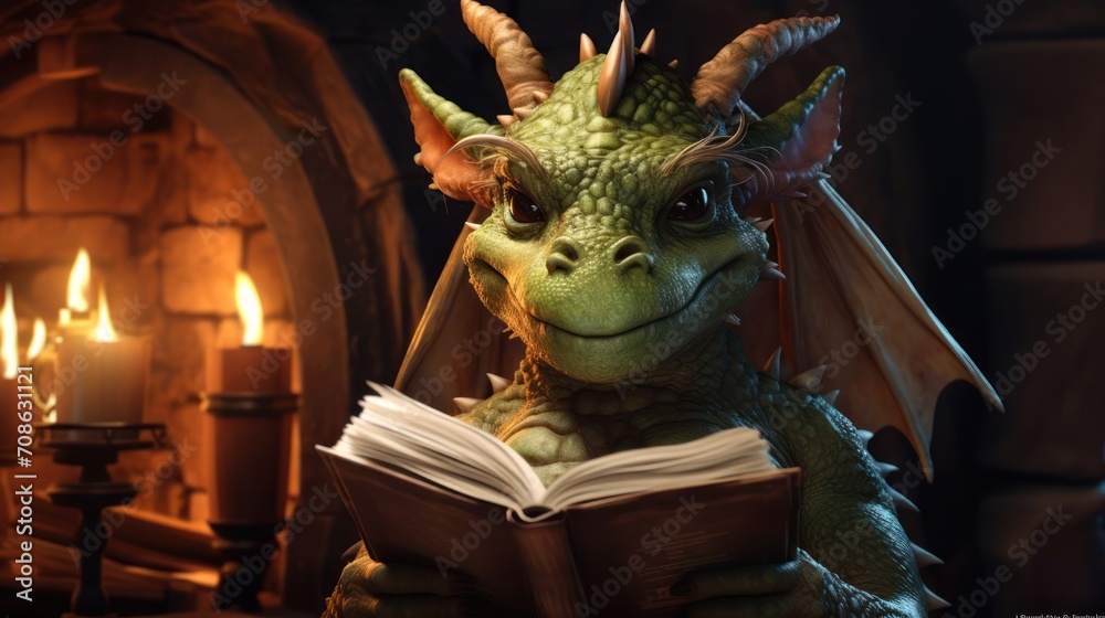 Cute green dragon reading a book near the fireplace