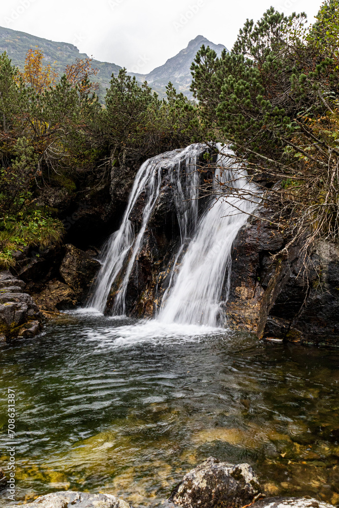 Vertical image of mountain waterfall hidden in the forest, Rila mountain Vertical image of mountain waterfall hidden in the forest, Rila mountain