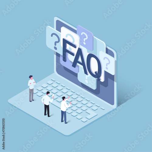 isometric illustration design Faqs concept illustration,business person with laptop