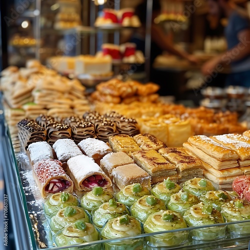 A display of various traditional sweets like Baklava and Basbousa.