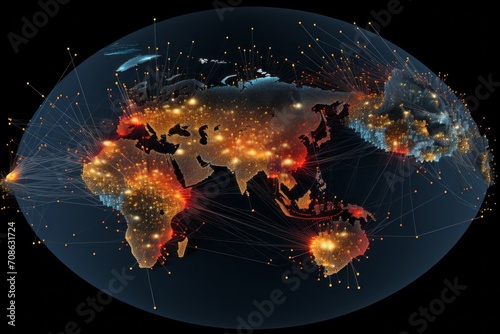 A data visualization of a global network with data traveling across continents
