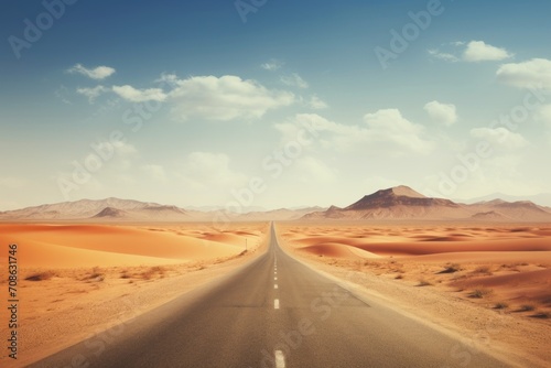 A desert highway disappearing into the vastness of arid dunes