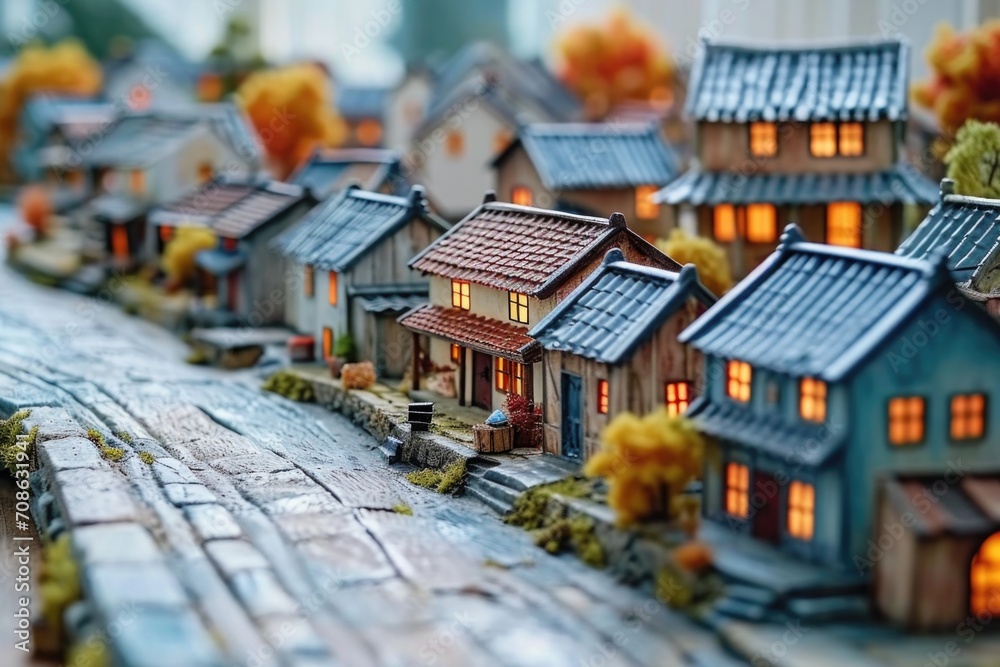 A miniature model of a town with houses and trees. A miniature model of a town with houses and trees.