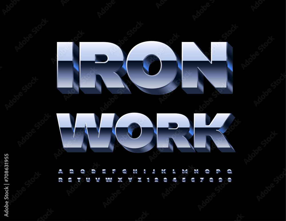 Vector trendy logo Iron Work. 3D Metallic Font. Steel Alphabet Letters