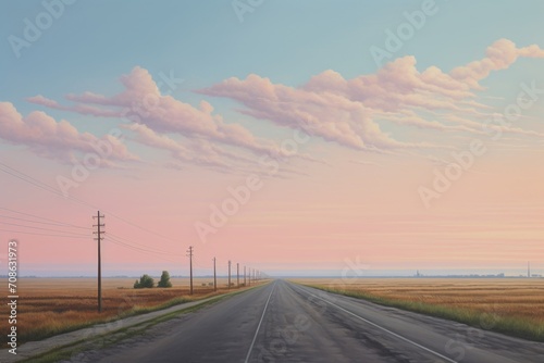 A road at dawn, with soft pastel colors painting the sky
