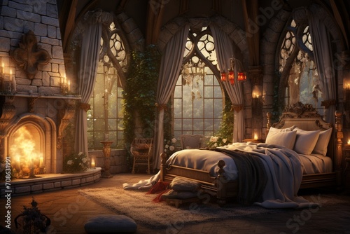 Romantic castle bedroom creating an enchanting atmosphere. © Miltan