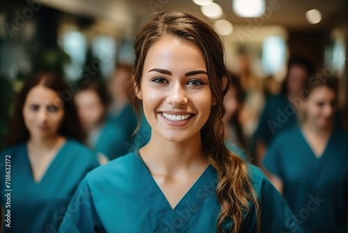 Confident female healthcare professional in scrubs smiling at the camera