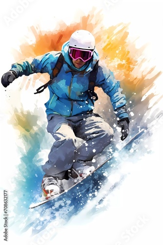 male snowboarder, in watercolor style. generative ai © KBL Sungkid