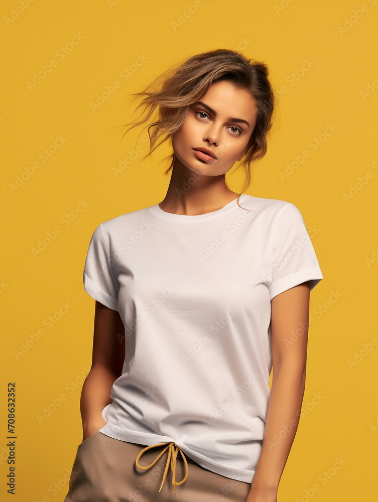 Obraz premium Elevate your brand with a stylish fashion mockup featuring a woman in a premium white t-shirt against a vibrant yellow backdrop. High-resolution details and shadow effects add depth.