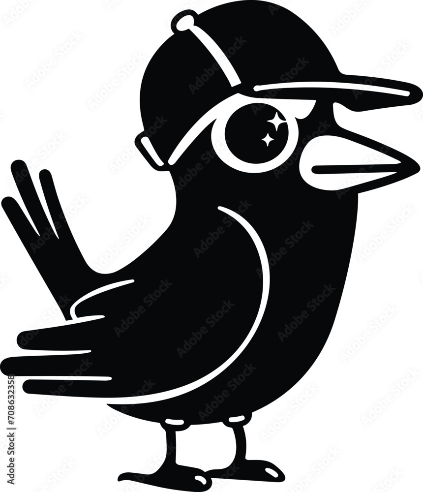 Bird wearing a baseball cap black and white vector illustration ...