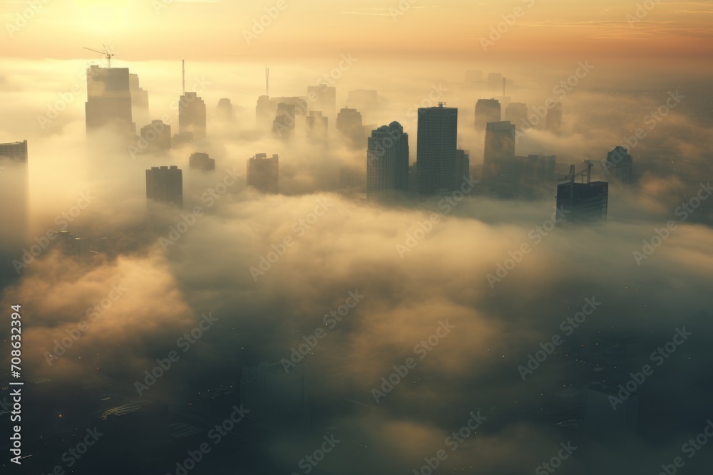 An aerial view of a cityscape during a foggy morning, creating a mysterious ambiance