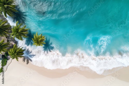 Aerial shot of a pristine beach with crystal clear waters and palm trees