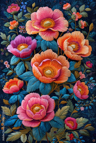 painting canvas embroidered of floral motifs background