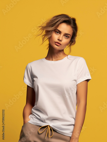 Elevate your brand with a stylish fashion mockup featuring a woman in a premium white t-shirt against a vibrant yellow backdrop. High-resolution details and shadow effects add depth. photo