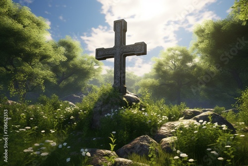 religious cross surrounded by lush vegetation.