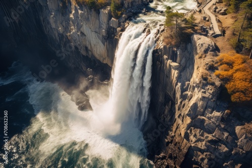 Aerial view of a dramatic waterfall cascading down rocky cliffs
