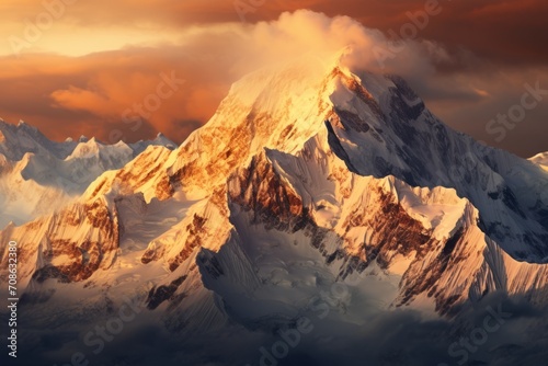 Aerial view of a snow covered mountain peak bathed in golden sunlight © KerXing