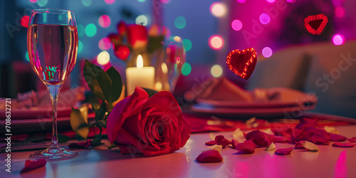 Tischdekoration zum Valentinstag in rosa und roten Farben mit Herzen und Sekt Glas dekoriert, ai generativ
