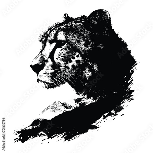 Silhouette of a cheetah with double exposure to mountain  and tree