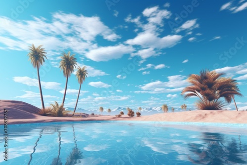 Desert oasis sky background with a pristine blue pool