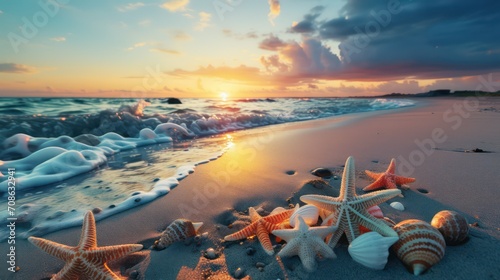 Beautiful seascape with starfish on the beach at sunset
