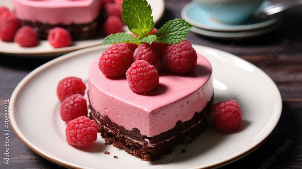 A piece of chocolate cake with raspberries on top. Valentine's day desserts. A piece of chocolate cake with raspberries on top. Valentine's day desserts.