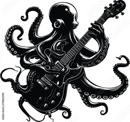 Octopus playing electric guitar sketch engraving vector illustration. Isolated Black and white hand-drawn vector.