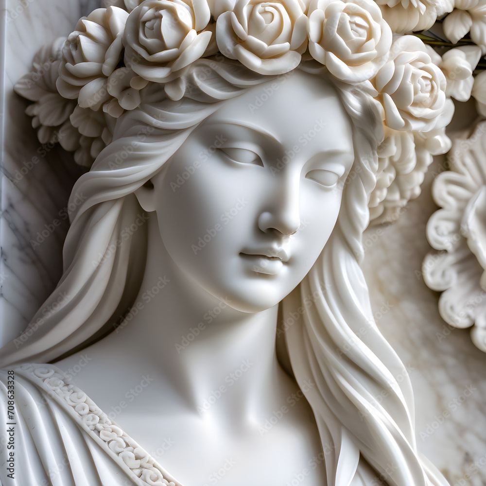 Elegant Marble Statue with Floral Crown Elegant Marble Statue with Floral Crown