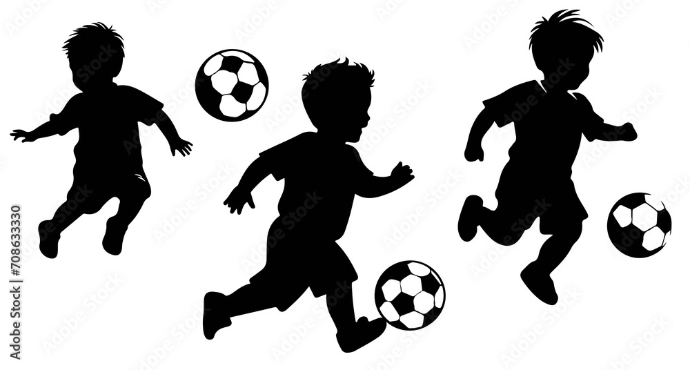 Dark silhouette of child playing soccer, Boy playing soccer. kid play football, great set collection clip art Silhouette, Black vector illustration on white background svg .