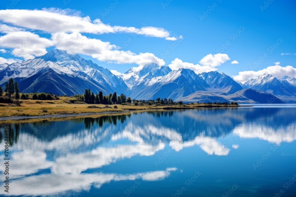 Serene lake reflecting the clear blue sky and surrounding mountains