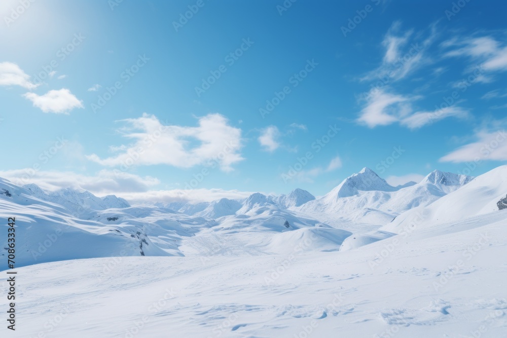 Snowy mountain landscape under a clear blue sky background